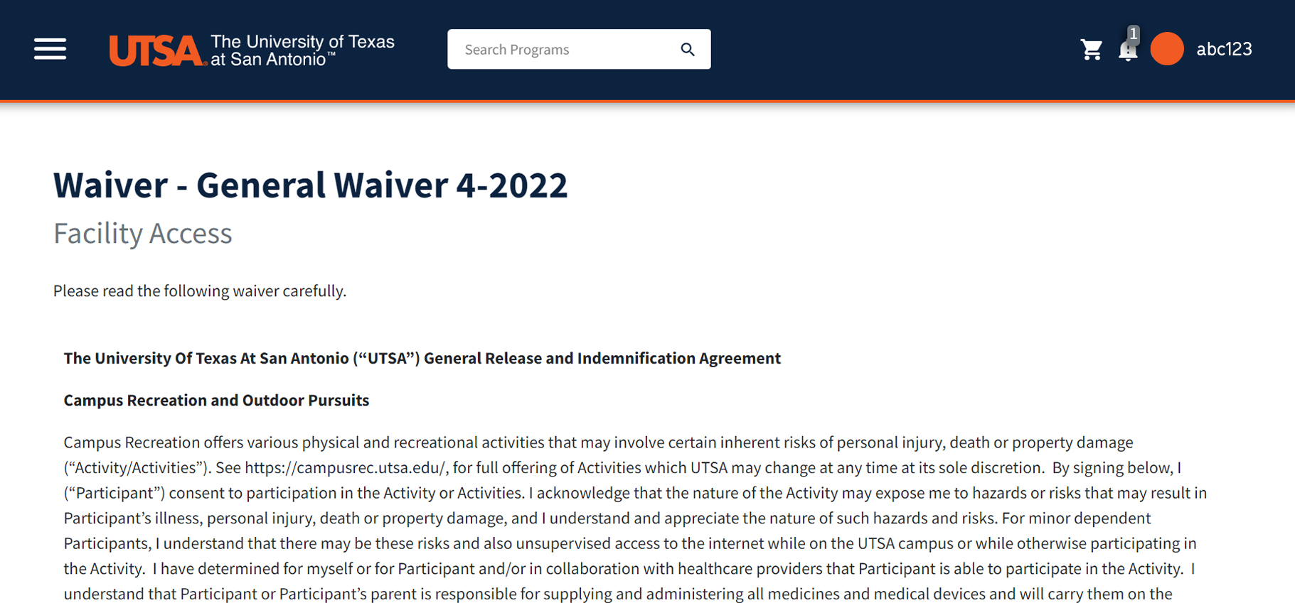 Screenshot of waiver